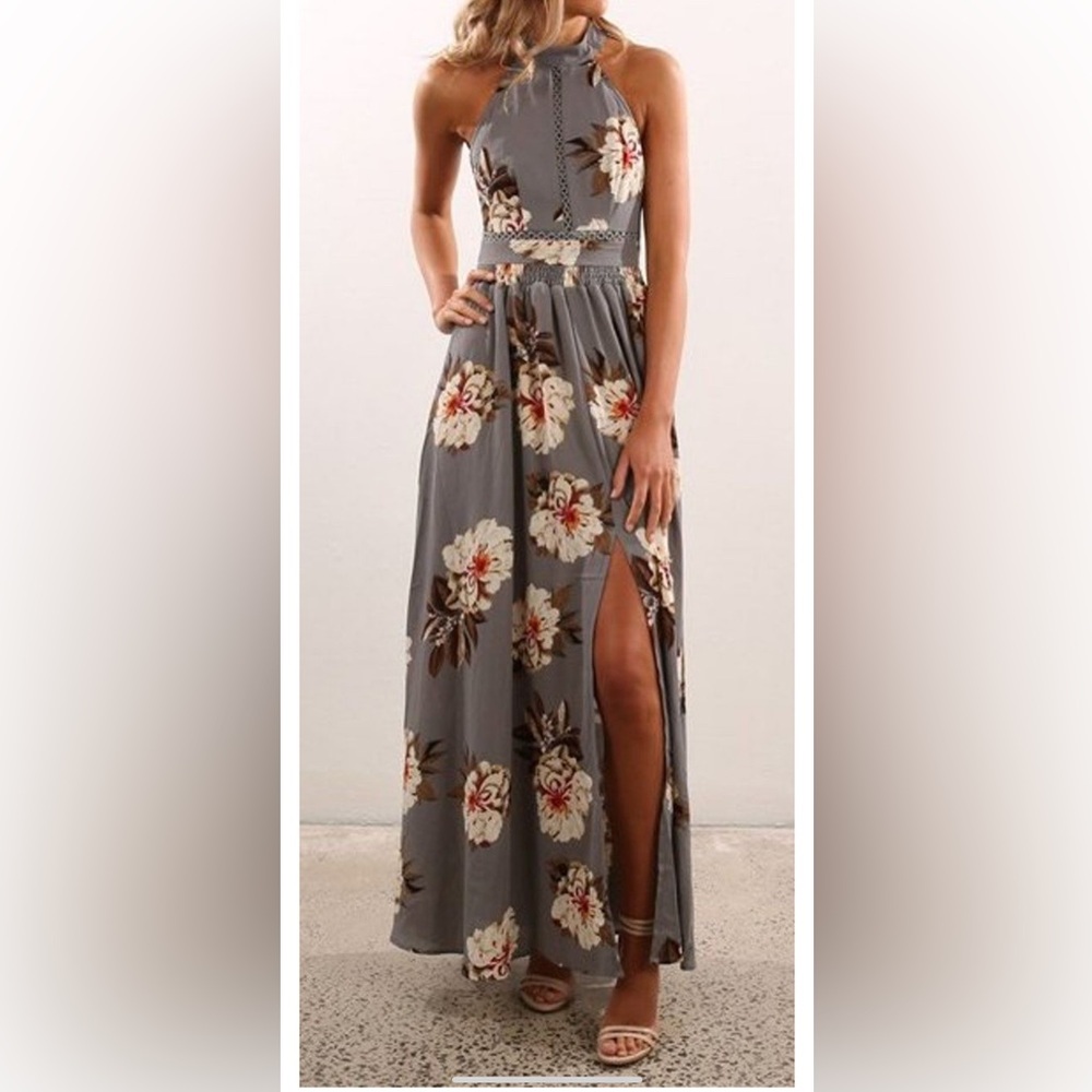 ZESICA Dress Summer Halter Neck Floral Print Backless Beach Party Maxi